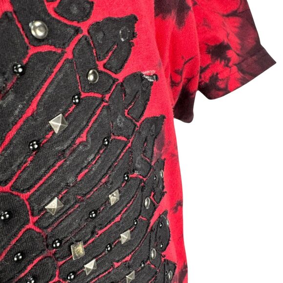 Affliction T-Shirt Men’s Medium Red Black Studded Indian Skull Short Sleeve Y2K - Picture 9 of 10